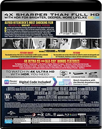 Back cover of Psycho Blu-ray with film details and features.