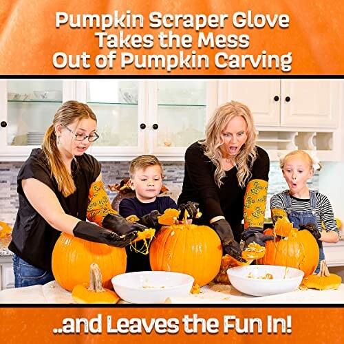 Family using pumpkin scraper gloves for carving pumpkins in kitchen.