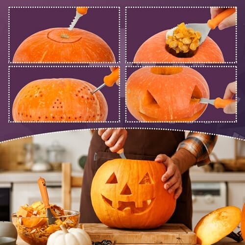 Step-by-step pumpkin carving tutorial with tools and finished jack-o'-lantern.