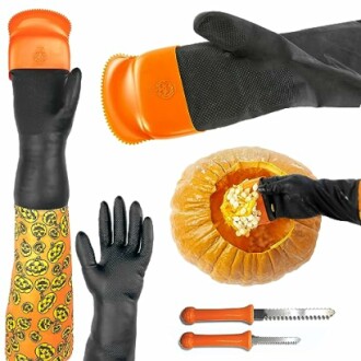 Pumpkin carving kit with gloves and tools.