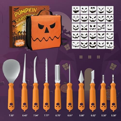 Pumpkin carving kit with tools and stencils.