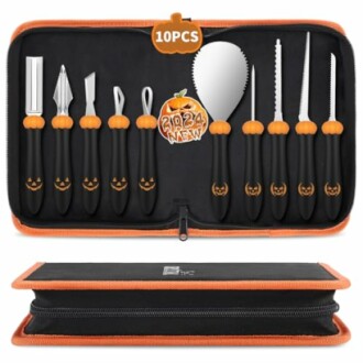 10-piece pumpkin carving kit with various tools in a black case.