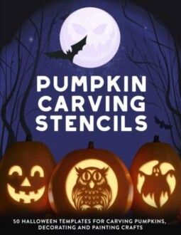 Halloween pumpkin carving stencils with moon and bats