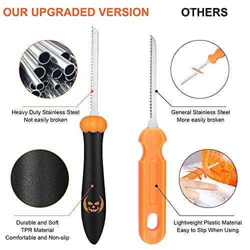 Comparison of upgraded pumpkin carving tool with durable stainless steel and TPR handle versus standard tool.