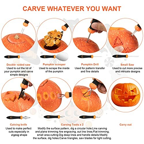 Guide showing different pumpkin carving tools and their uses.