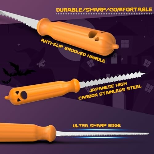 Pumpkin carving tools with orange handles and sharp blades, featuring anti-slip grooves and high carbon stainless steel.