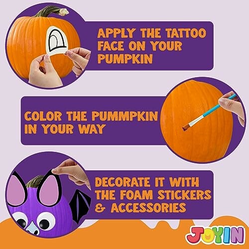 Steps to decorate a pumpkin with tattoos, paint, and foam stickers.