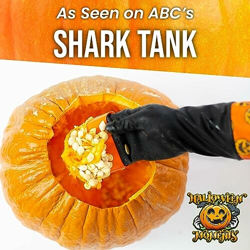 Hand using tool to remove seeds from pumpkin, Halloween Moments.