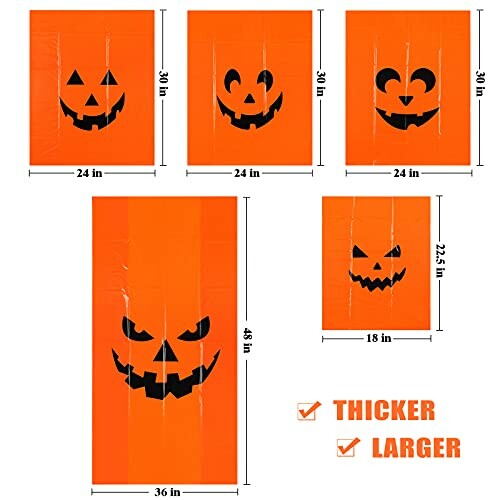 Orange pumpkin-themed trash bags with various sizes and jack-o'-lantern faces.