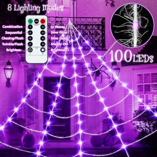 Purple LED Halloween lights with 8 modes and remote control.