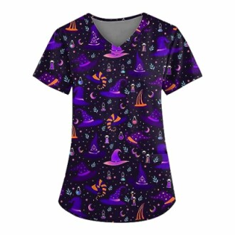 Halloween Scrub Tops Women Printed Plus Size Workout Going Out T Shirts