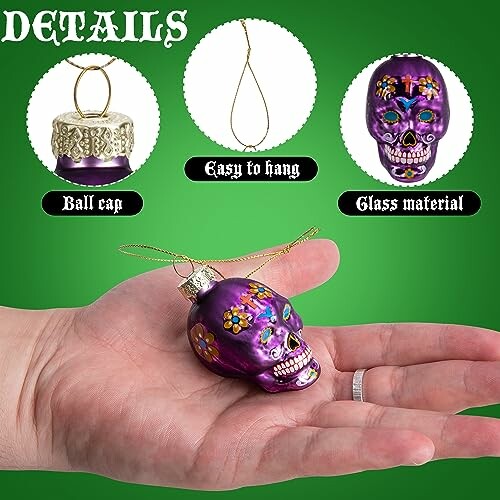 Purple skull ornament with floral design, easy to hang.