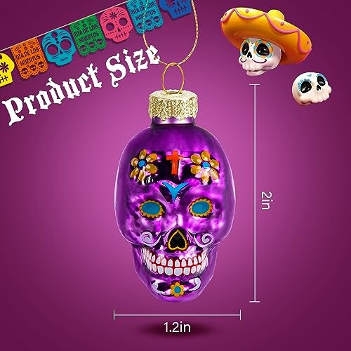 Purple sugar skull ornament with measurements and small decorative skulls.