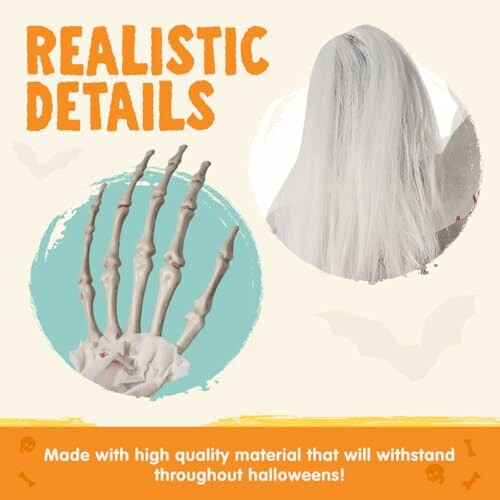 Realistic skeleton hand and ghostly figure for Halloween decoration.