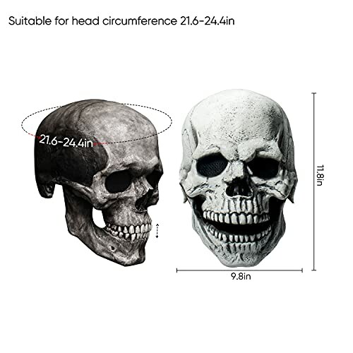 Two realistic skull masks with dimensions and size range.