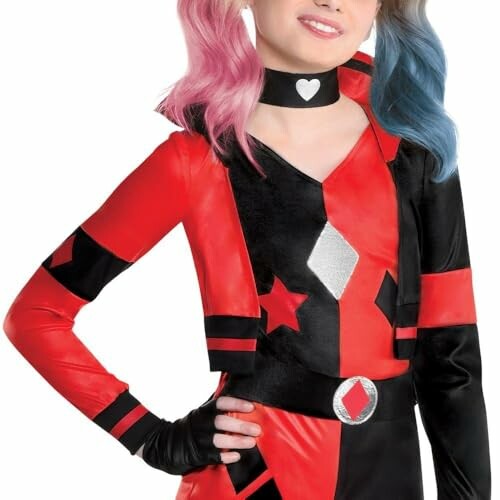 Person wearing a red and black costume with pink and blue pigtails.