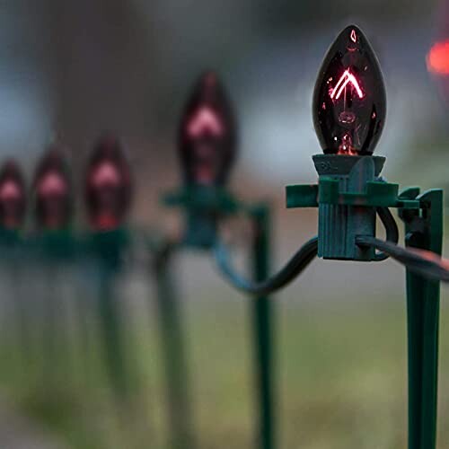 Close-up of red outdoor Christmas lights in a row