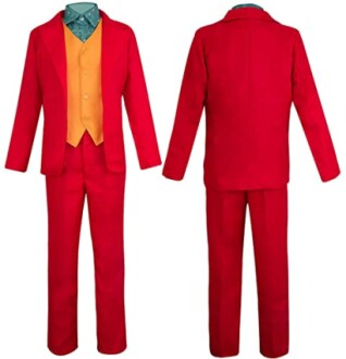 Front and back view of a red suit with a yellow vest and green shirt