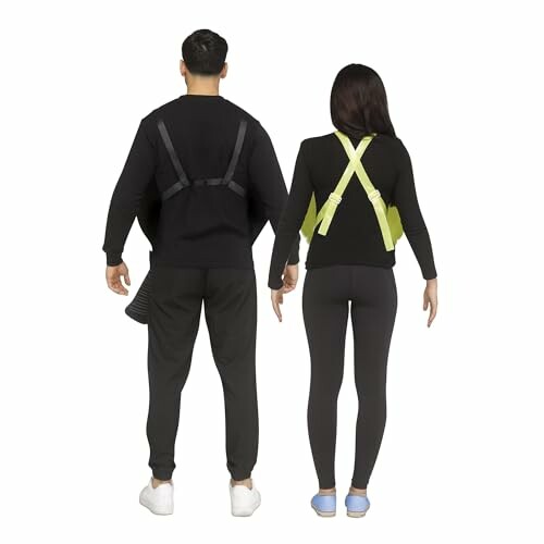 Two people wearing reflective safety vests, viewed from the back.