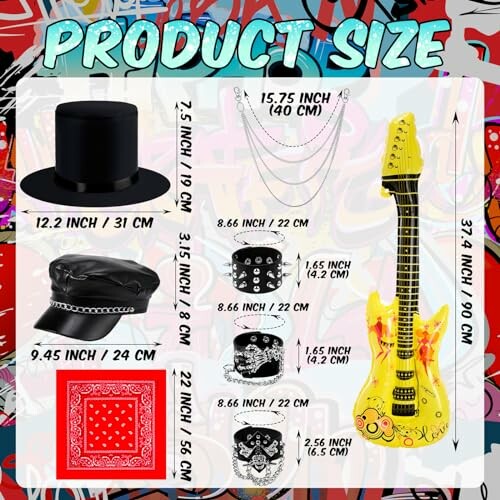 Rock accessories size chart with hat, guitar, and bandanas.