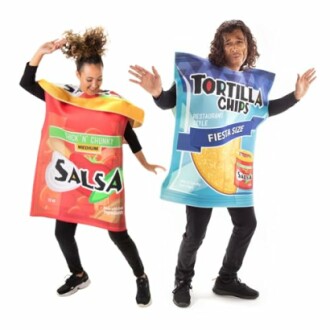 Two people in salsa and tortilla chips costumes dancing