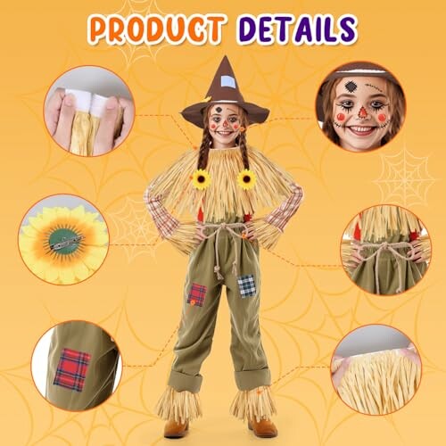 Scarecrow costume with hat, sunflower accents, and plaid patches.