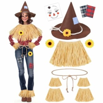 Scarecrow costume with hat, grass fringe, and plaid patches.