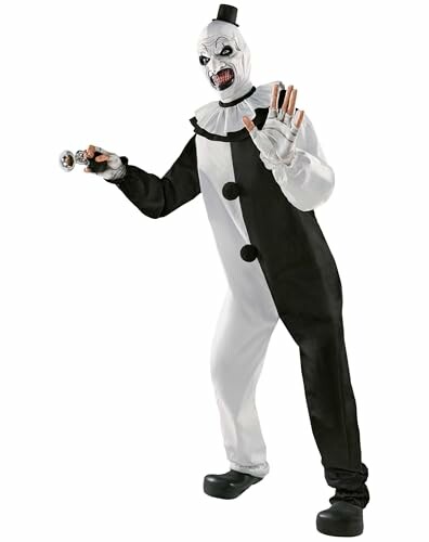 Person in a black and white scary clown costume holding a bell.