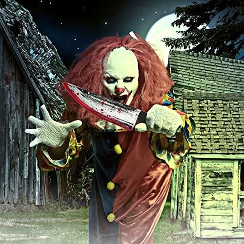 Creepy clown holding a bloody knife in front of an old building.