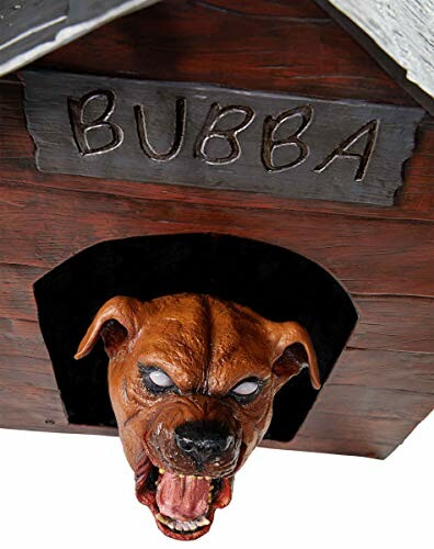 Scary dog head prop emerging from a doghouse labeled 'Bubba'.