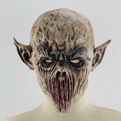 Creepy horror mask with distorted features and pointed ears.