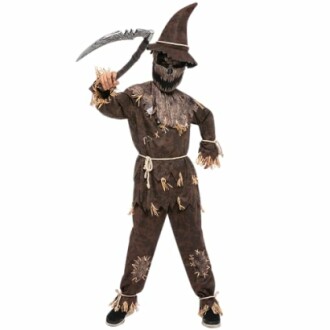 Person in a scary scarecrow costume with a sickle.