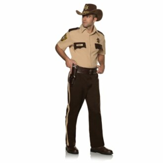 Man in sheriff costume with hat and holster.