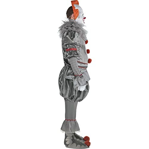 Side view of a person in a gray clown costume with red accents.