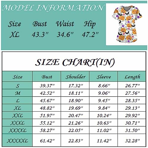 Size chart for pumpkin shirt with model information.