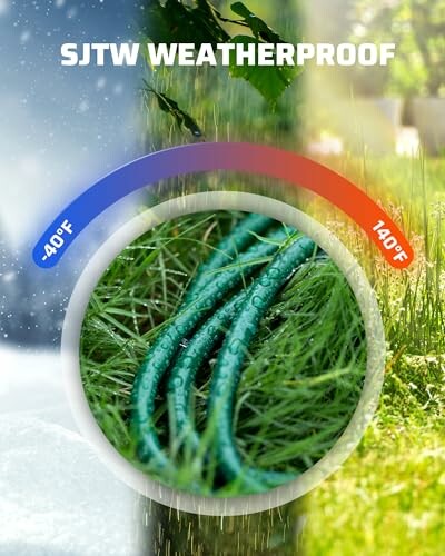 SJTW weatherproof extension cord in grass with temperature range -40°F to 140°F.