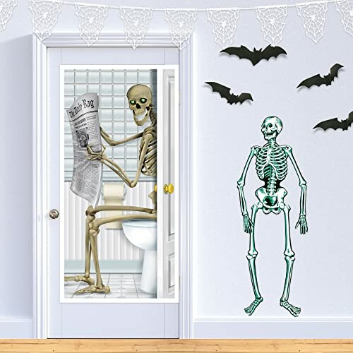 Humorous skeleton bathroom and wall decorations with bats and newspaper.