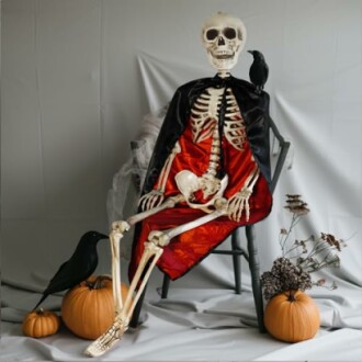 Skeleton in red cloak seated on chair with pumpkins and crows