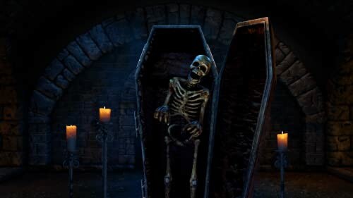 Skeleton in a coffin surrounded by candles in a dark crypt.