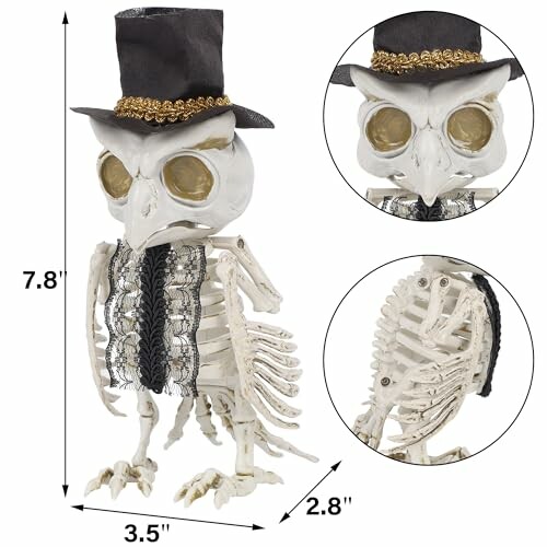 Owl skeleton figurine with top hat and vest.