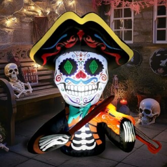 Colorful skeleton playing violin in Halloween setting.