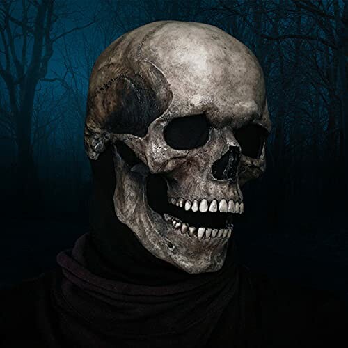 Person wearing a realistic skull mask in a dark forest