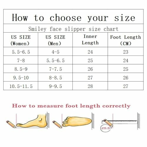 Smiley face slipper size chart and foot measurement guide