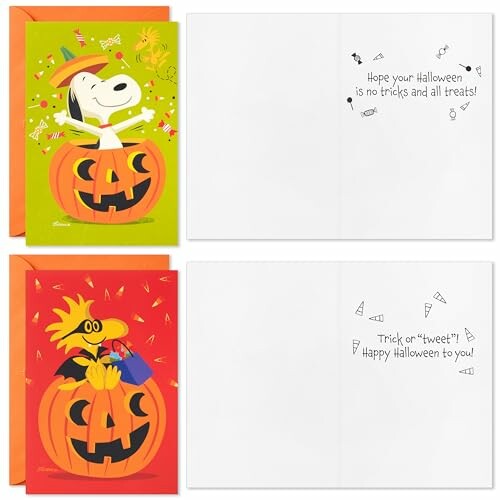 Two Halloween greeting cards featuring Snoopy and Woodstock with jack-o'-lanterns.