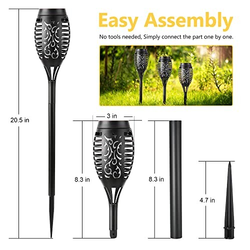 Diagram showing the assembly of solar torch lights with dimensions.