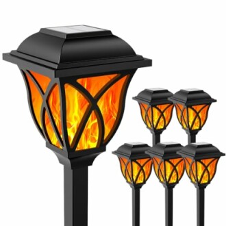 Set of six solar-powered torch lights with flame effect