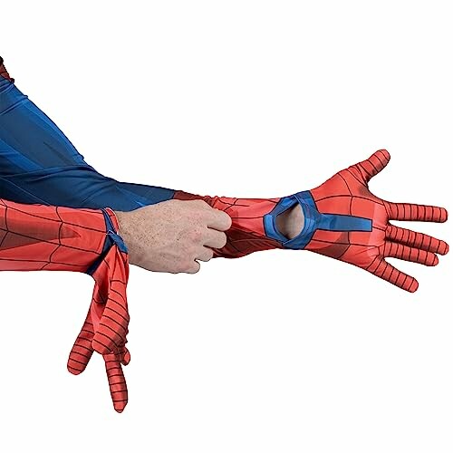 Person wearing Spiderman costume adjusting glove