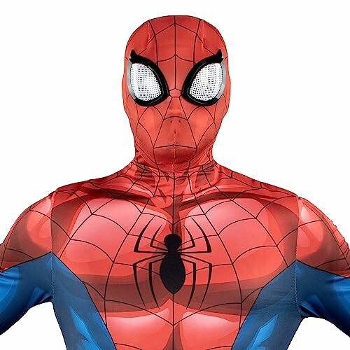 Front view of a Spider-Man costume with web pattern and large eyes.