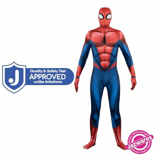 Spiderman costume with quality and safety approval badge.