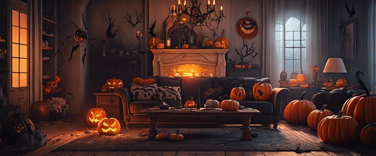 Halloween movie setup in a cozy living room